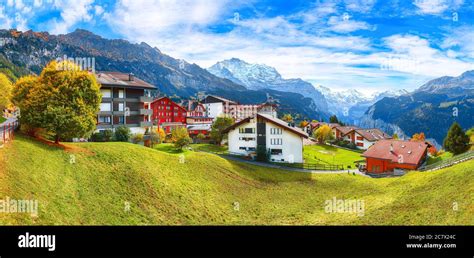 Awesome Autumn View Of Picturesque Alpine Village Wengen Sunny Morning