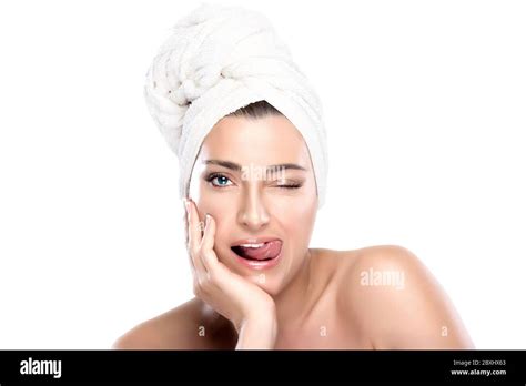 Beautiful Girl After Shower Winking With Towel On Head And Funny