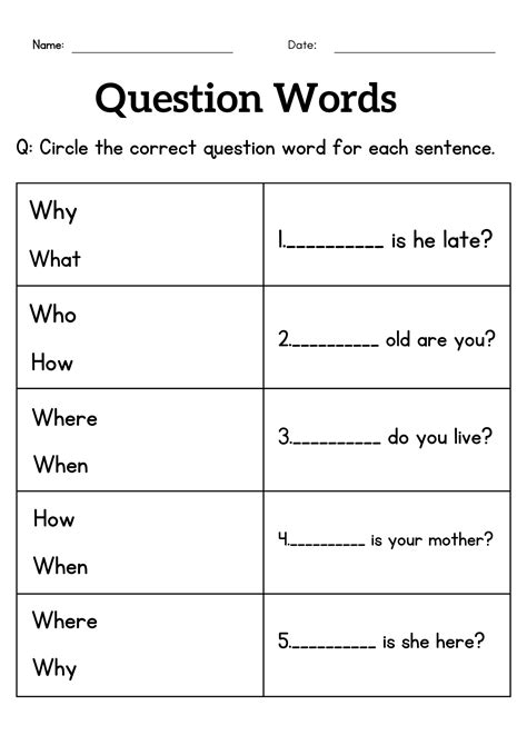 Question Words Worksheet For Grade 1 Or 2 Wh Questions Exercises For