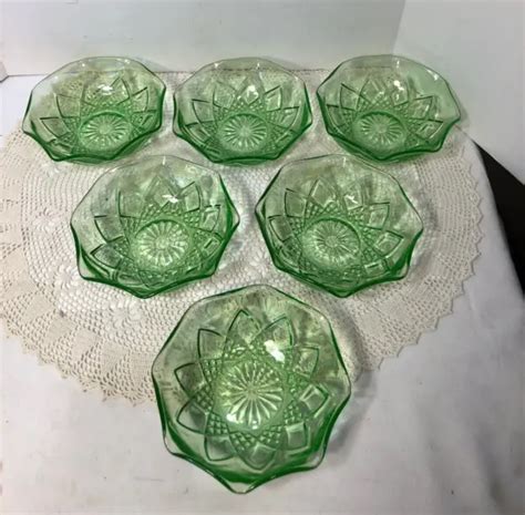 6 HAZEL ATLAS Uranium Green Diamond Arches Ruffled Depression Glass
