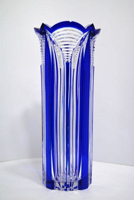 Large Solid Crystal Vase Blue Doubled And Cut 31 Cm Bohemia 20th