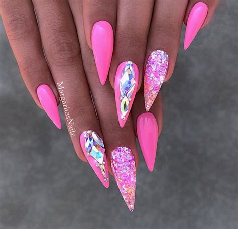 Stiletto Hot Pink Nails With Diamonds
