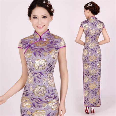 cap sleeve mandarin collar gold floral purple brocade cheongsam traditional outfits dresses