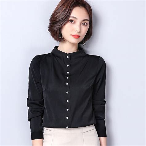 2018 Spring Simply Style Long Sleeve Stand Collar Black Satin Shirts