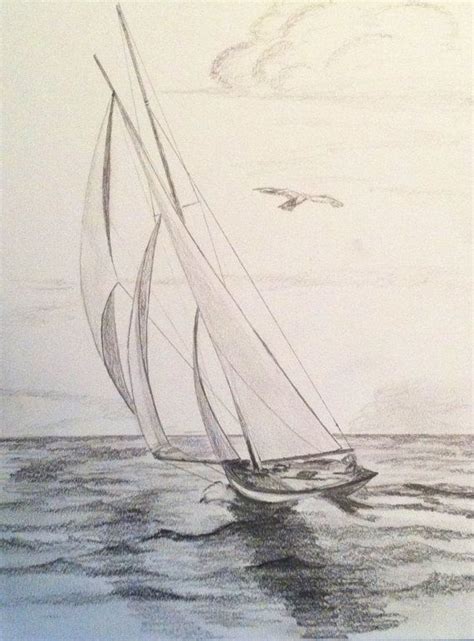 Three Sails Sailboat Original Pencil Drawing