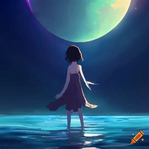 Anime Girl Walking On Water Ripples Backdrop Of Dawn Saturn In The