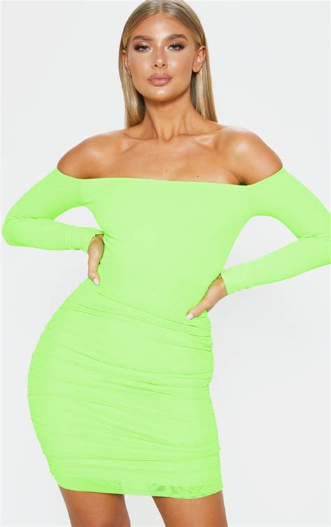 Neon Lime Bardot Long Sleeve Ruched Bodycon Dress Prettylittlething