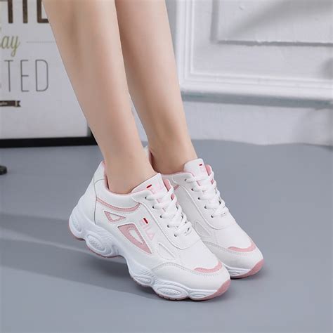 2019 Spring Fashion Korean White Platform Sneakers Women Shoes Casual Thick Sole Leather Height