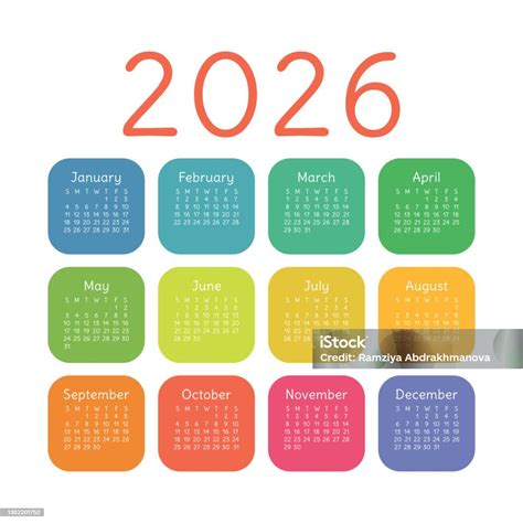 Vetores De Calendário 2026 Ano Inglês Colorido Vetor Quadrado Bolso Ou