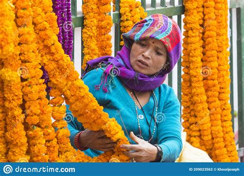 Local Woman Selling Marigold Flowers Sayapatri During Tihar Kathmandu
