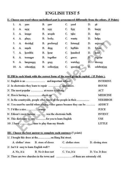 The resources on this website cover a broad range of reading. English test grade 7 - ESL worksheet by khanhvyngocngan