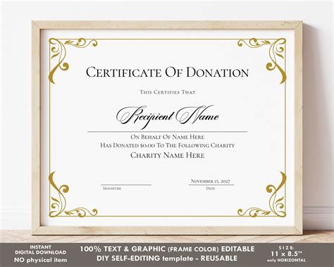 Editable Certificate Of Donation Template Printable Charity Etsy In