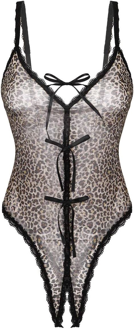 aiihoo women s sexy leopard print teddy lingerie deep v neck crotchless leotard
