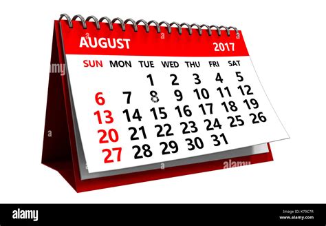3d Illustration Of 2017 August Calendar Isolated Over White Background