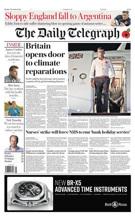 Daily Telegraph Front Page 7th Of November 2022 Tomorrow S Papers Today