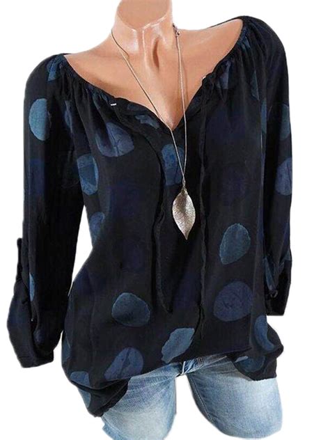 Lallc Women Polka Dot Long Sleeve Lace Up V Neck Shirts Walmart Com