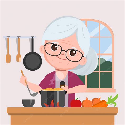 Premium Vector Grandmother Cooking In The Kitchen Cartoon