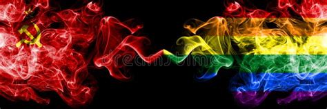 Communist Vs Gay Pride Abstract Smoky Mystic Flags Placed Side By Side Thick Colored Silky