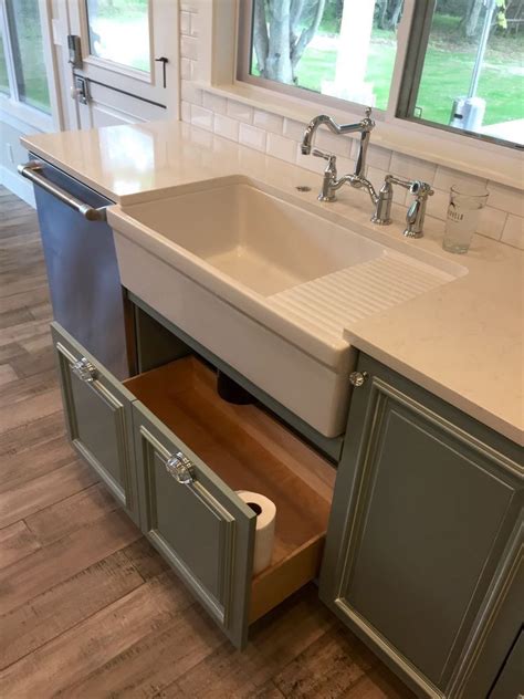Kitchen Farmhouse Apron Sink With Drain Board Grey Cabinets With Under