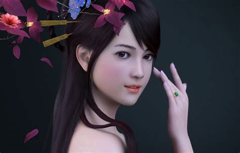 Обои девушка цветы рука кольцо азиатка рендер Zhang Qiang
