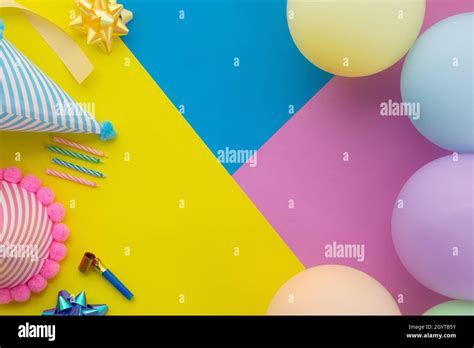 Happy Birthday Background Flat Lay Colorful Party Decoration On Pastel