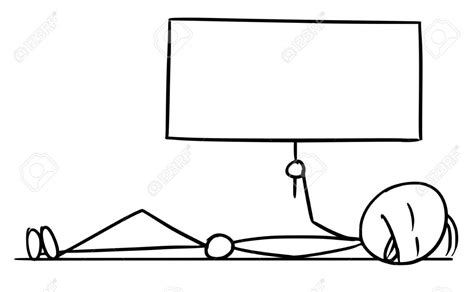 cartoon vector doodle dead stickman lying on the ground and holding empty sign for your text