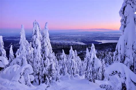 Vancouver Skyline At Sunrise From Cypress Mountain In Winter Stock