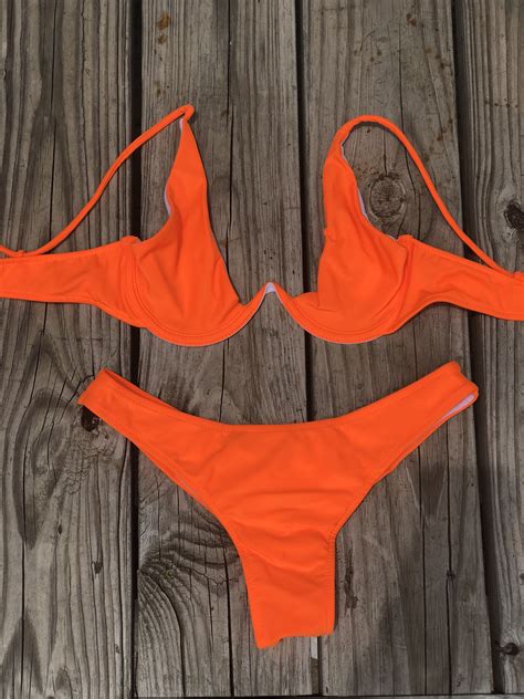 Plain Underwired Neon Orange Bikini Set Bikinis Neon Orange Bikini