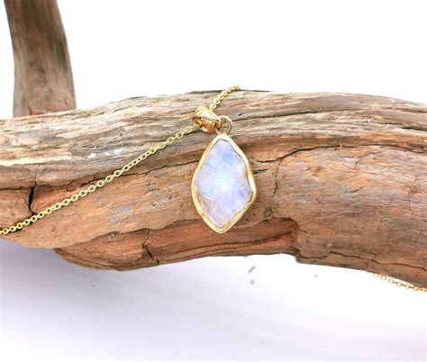 Raw Rainbow Moonstone Pendant 18k Gold Plated 925 Silver With Chain