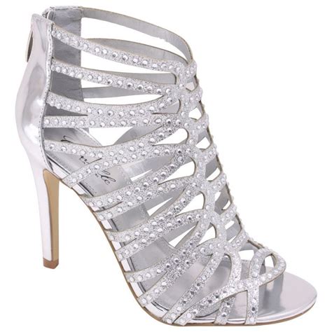 silver high heel strappy sandal rhinestone bridal prom wedding formal shoes prom heels silver