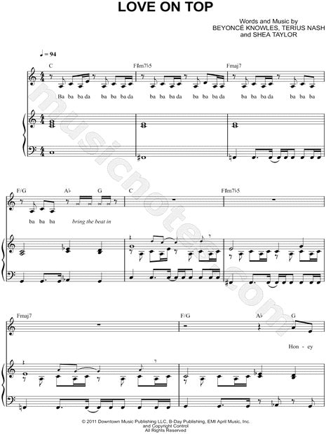 Beyoncé Love On Top Sheet Music In C Major Transposable Download And Print Sheet Music