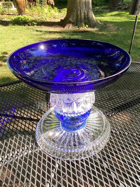 Vintage Cobalt Blue Glass Bird Bath With Clear Crystal Accents Etsy