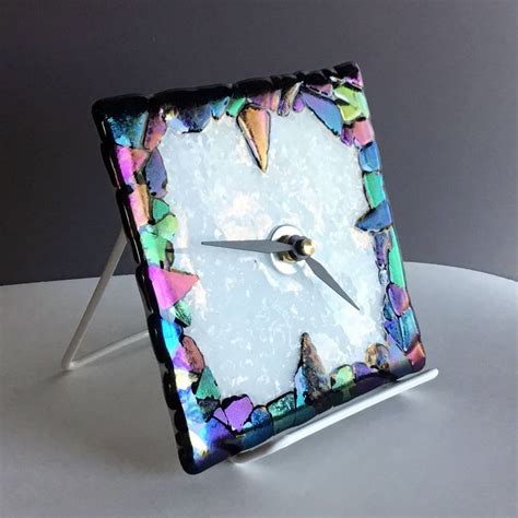 Desk Clock Fused Glass Black Iridescent By Kmglasscreations On Etsy