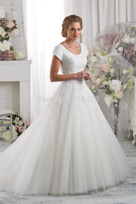 Modest High Neck Lace Bodice Wedding Dress Short Sleeve