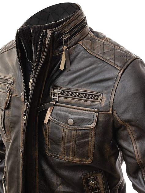 Mens Motorcycle Biker Vintage Distressed Brown Cafe Racer Real Leather