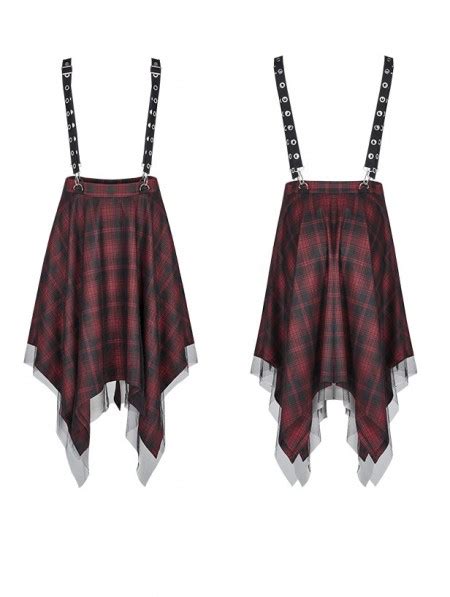 Punk Rave Red Street Fashion Gothic Punk Irregular Plaid Midi Suspender Skirt