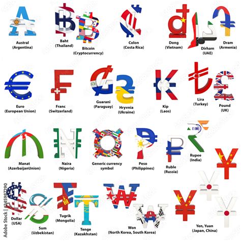 Set Of World Currency Symbols With National Flags Alphabet Of Currency