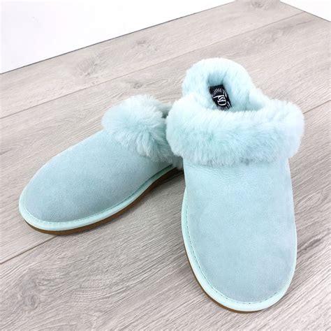 Ladies Light Blue Mule Sheepskin Slippers Jacobs And Dalton