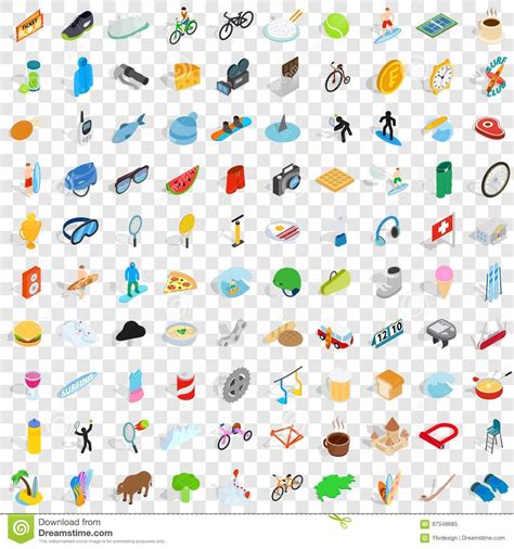 100 Recreation Icons Set Isometric 3d Style Stock Vector