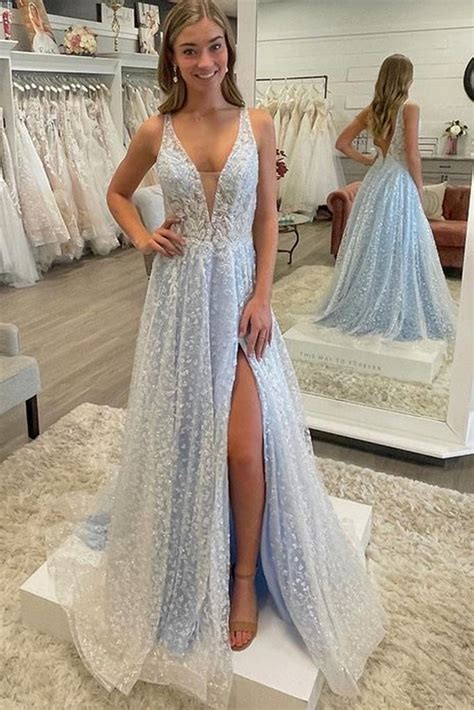 A Line V Neck Light Blue Lace Long Prom Dress With High Slit Light Bl