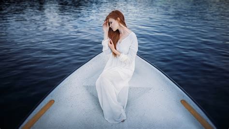 Wallpaper Redhead Boat Dress Pale Water Women Outdoors Closed Eyes Long Hair White
