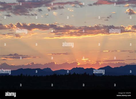 Sunset With Crepuscular Rays On The Olympic Mountains Photographed Near
