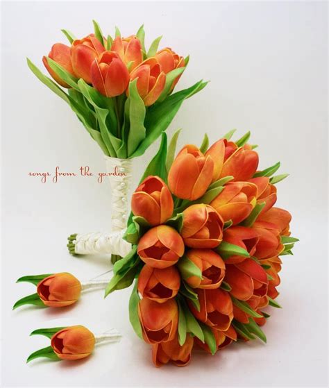 Fall Wedding Real Touch Orange Tulips Bridal Bouquet Bridesmaid
