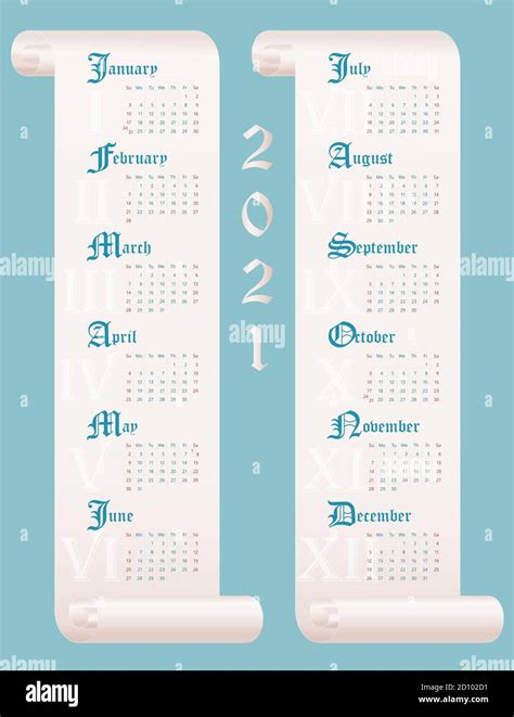 2021 Calendar Template 12 Months On Parchments Vector Editable
