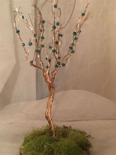Gold Coated Wire Tree With Emerald Swarovski Crystals Gold Coating