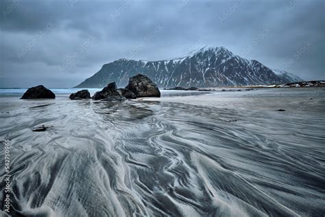 Rocky Coast Of Fjord Of Norwegian Sea In Winter Skagsanden Beach