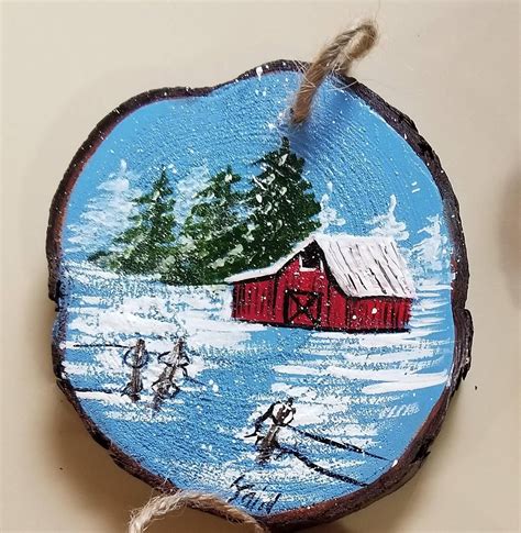 Wood Slice Ornament Hand Painted Featuring An Old Red Barn Wood