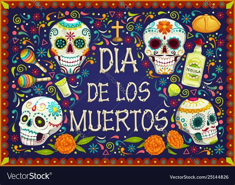 Mexican Holiday Flowers Dia De Los Muertos Skulls Vector Image