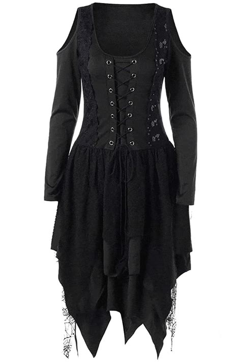 Nite Closet Black Gothic Dresses Women Witch Lace Long Sleeves Handkerchief Skirt Vintage Fashions