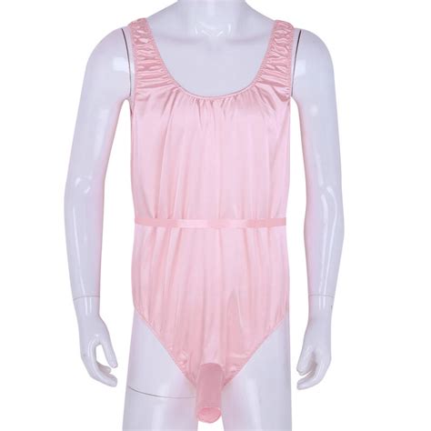 Mens Pink Shiny Satin Sleeveless Thongs Leotard Bodysuit Underwear